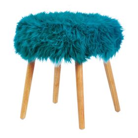 Faux Fur Stool with Wood Legs - Turquoise