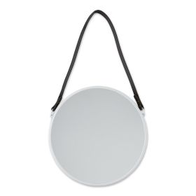 Round Hanging Wall Mirror with Faux Leather Strap - White