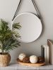 Round Hanging Wall Mirror with Faux Leather Strap - White