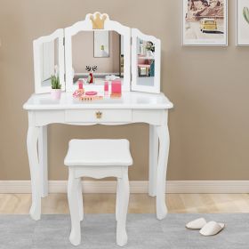 Children's Wooden Dressing Table Three-Sided Folding Mirror Dressing Table Chair Single Drawer  Crown Style  YJ(D0102HPDRHA)