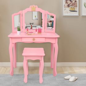 Children's Wooden Dressing Table Three-Sided Folding Mirror Dressing Table Chair Single Drawer  Crown Style  YJ(D0102HPDRHV)