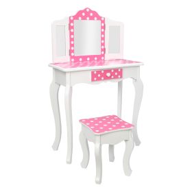 Wooden Vanity Set with Tri-Fold Mirror and Chair Table & Stool Set, Pink/White  YJ(D0102HPY5X7)