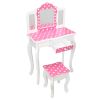 Wooden Vanity Set with Tri-Fold Mirror and Chair Table & Stool Set, Pink/White  YJ(D0102HPY5X7)