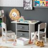 Kids Art Play Wood Table and 2 Chairs Set with Storage Baskets Puzzle(D0102HP8RHG)