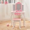 Wooden Vanity Set with Tri-Fold Mirror and Chair Table & Stool Set, Pink/White  YJ(D0102HPY5X7)