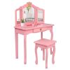Children's Wooden Dressing Table Three-Sided Folding Mirror Dressing Table Chair Single Drawer  Crown Style  YJ(D0102HPDRHV)